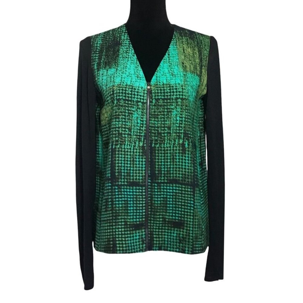 Tahari Green and Black V-Neck  Zip Up Blouse - Extra Small